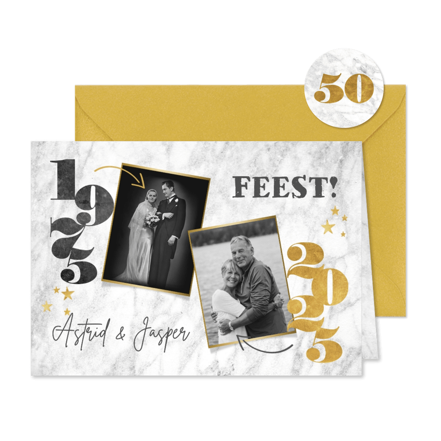 Stijlvolle jubileumkaart met jaartallen, marmer en foto's - Kaartimpressie