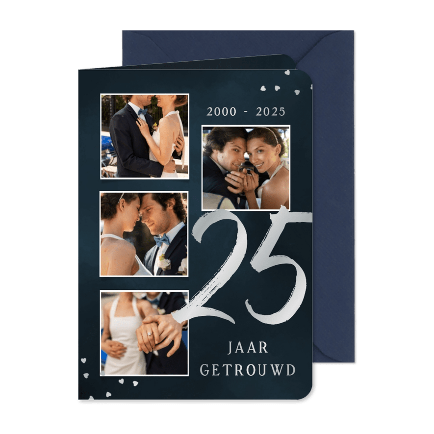 Stijlvolle jubileumkaart zilver 25 jaar getrouwd fotocollage - Kaartimpressie
