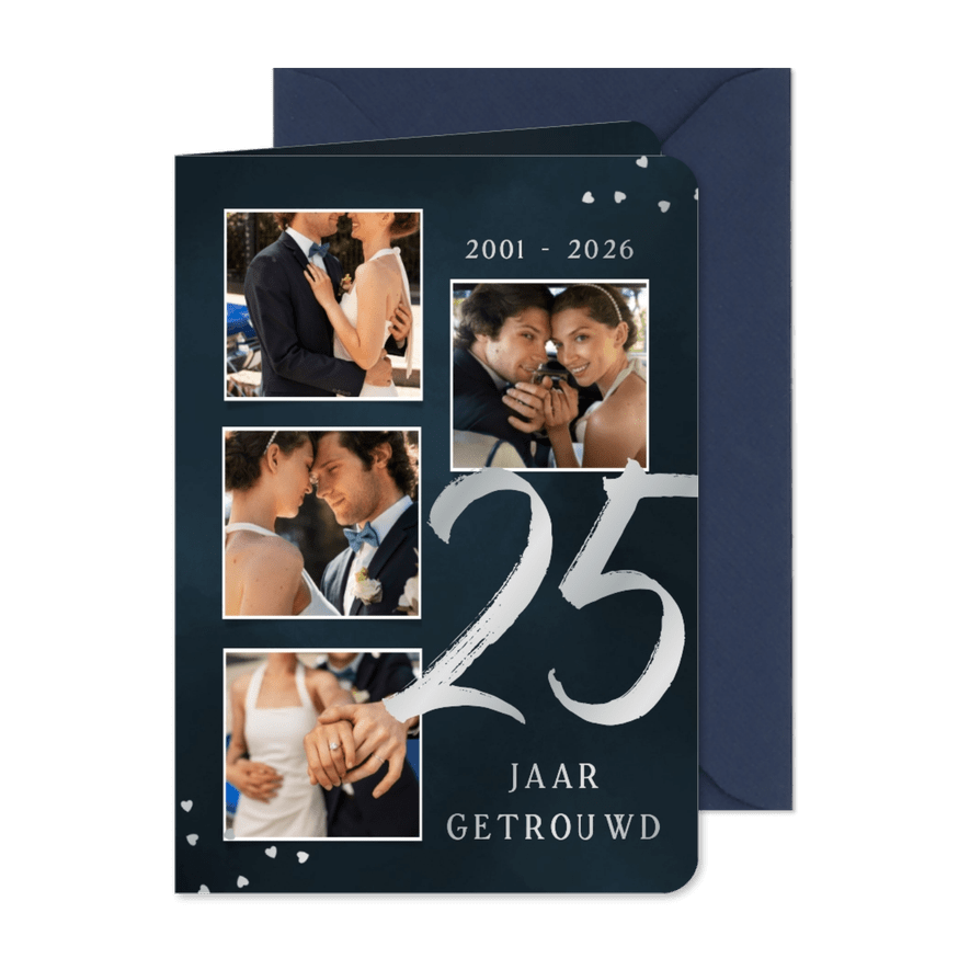 Stijlvolle jubileumkaart zilver 25 jaar getrouwd fotocollage - Kaartimpressie