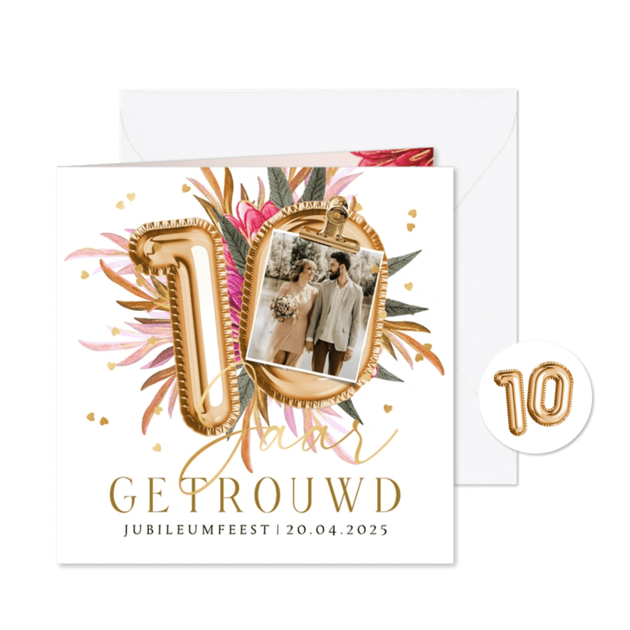 Stijlvolle kaart 10 jaar getrouwd botanisch ballon foto - Kaartimpressie