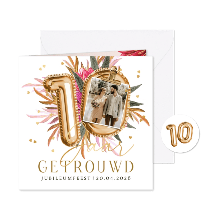 Stijlvolle kaart 10 jaar getrouwd botanisch ballon foto - Kaartimpressie