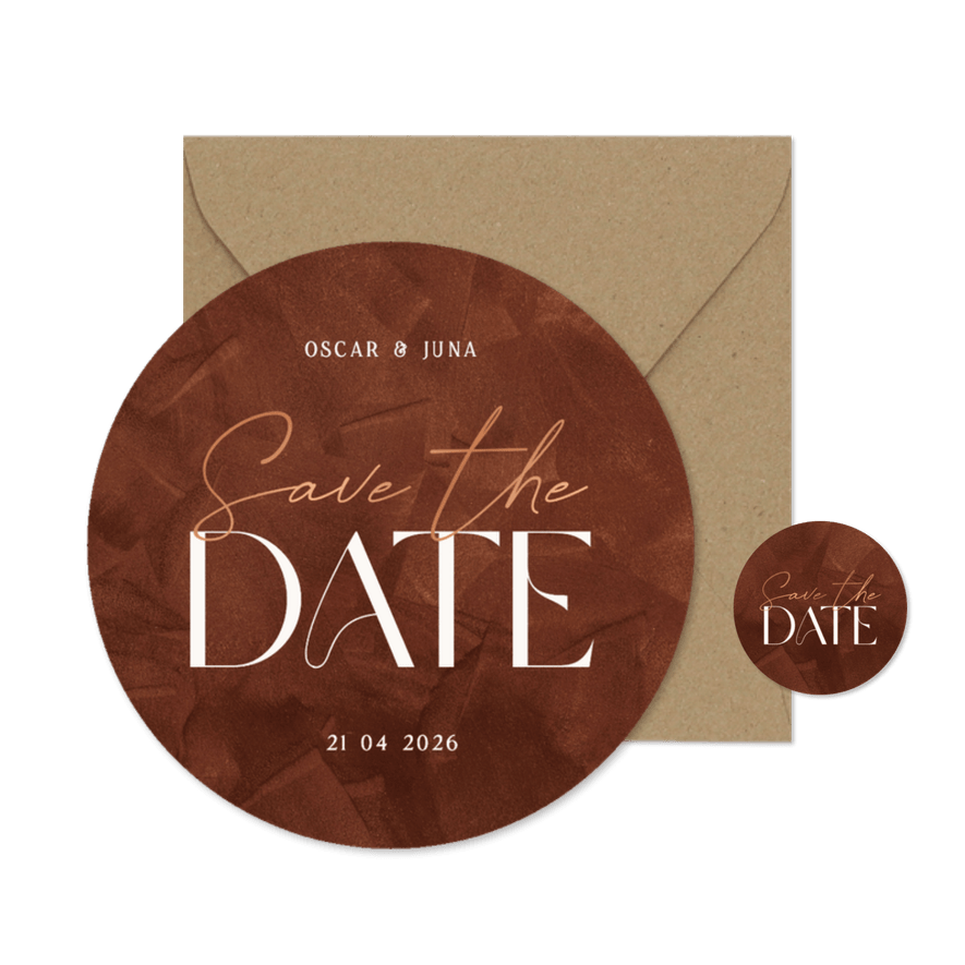 Stijlvolle kaart save the date roestbruin cirkelvorm folie - Kaartimpressie