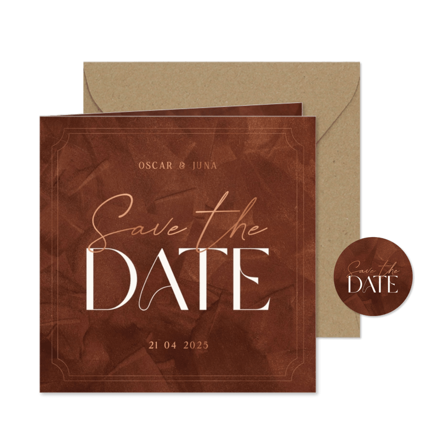 Stijlvolle kaart save the date roestbruin met koperen kader - Kaartimpressie