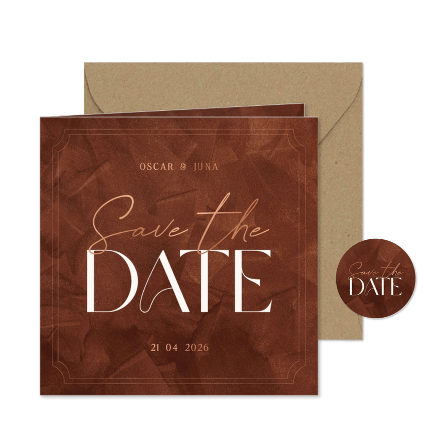 Stijlvolle kaart save the date roestbruin met koperen kader - Kaartimpressie