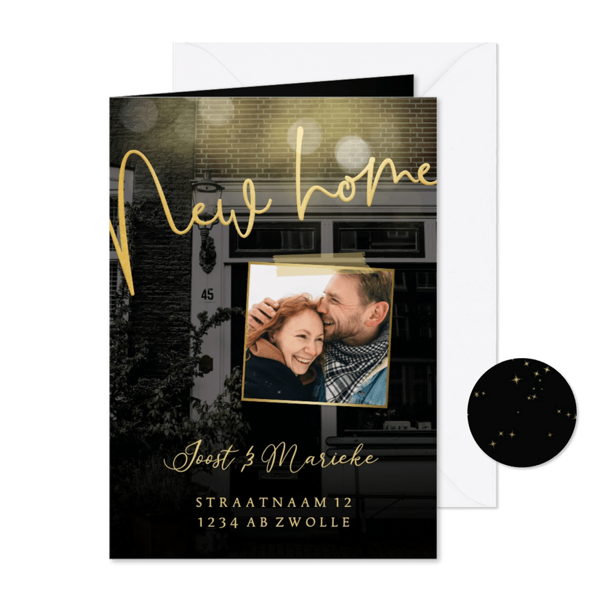 Stijlvolle kerst-verhuiskaart grote foto New Home goudlook - Kaartimpressie