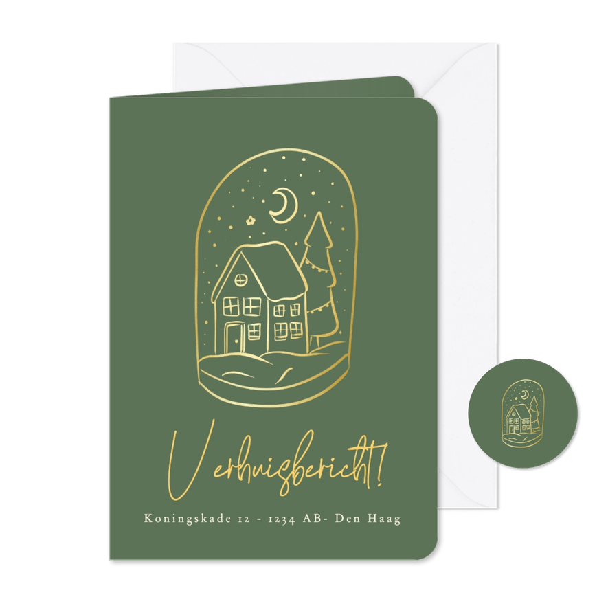 Stijlvolle kerst verhuiskaart met gouden sneeuwbol en huisje - Kaartimpressie