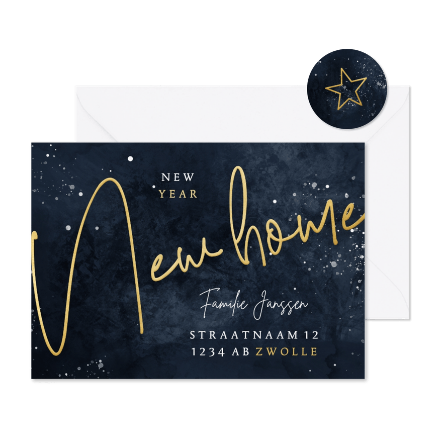 Stijlvolle Kerst-verhuiskaart New Home goudlook - Kaartimpressie