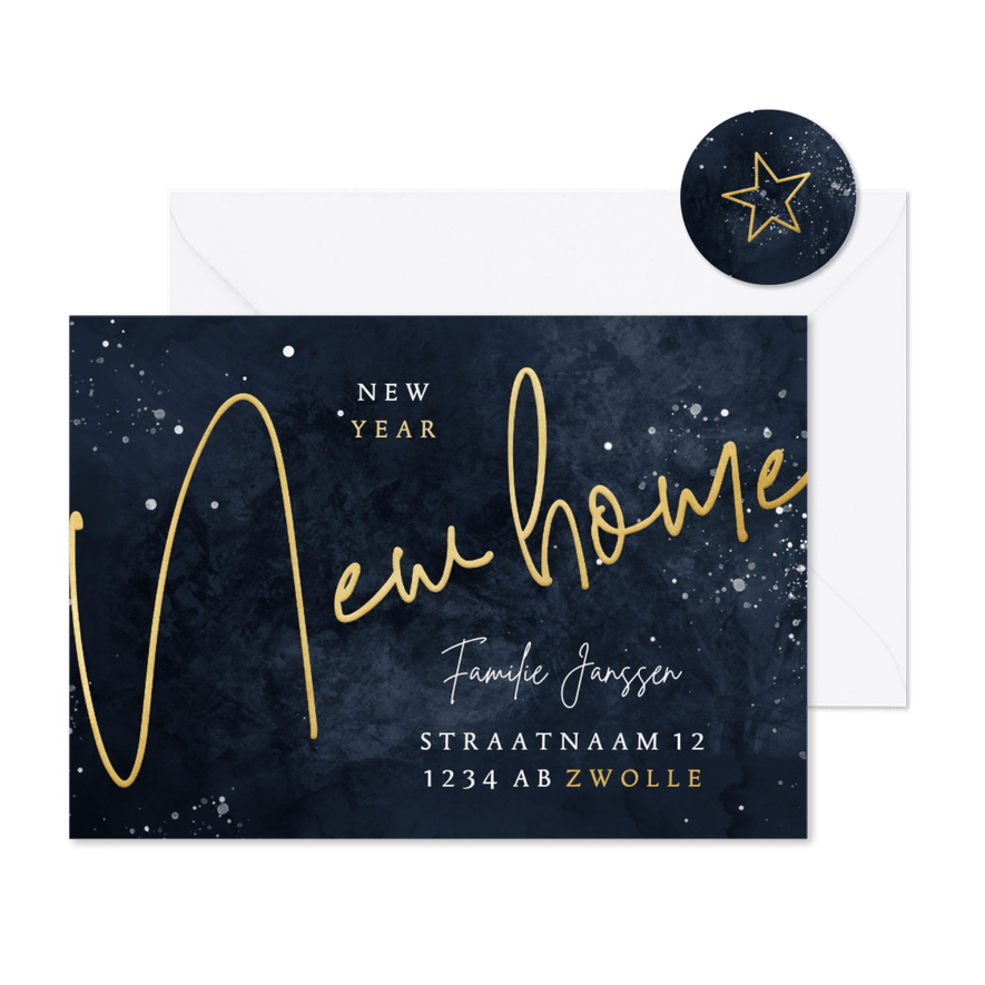 Stijlvolle Kerst-verhuiskaart New Home goudlook - Kaartimpressie