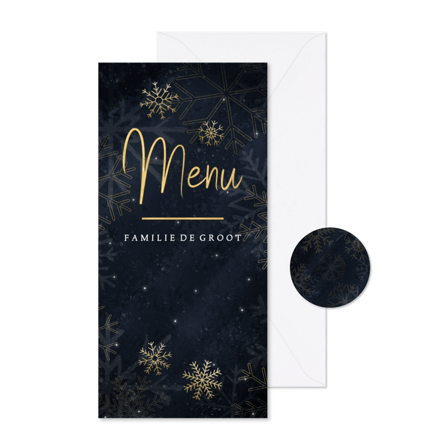 Stijlvolle kerstdiner menukaart met gouden sneeuwvlokken - Kaartimpressie