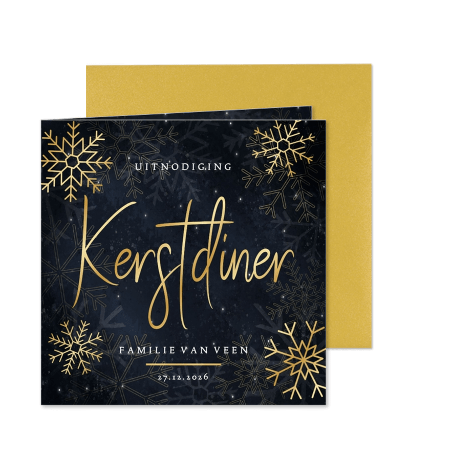 Stijlvolle kerstdiner uitnodiging gouden sneeuwvlokken - Kaartimpressie