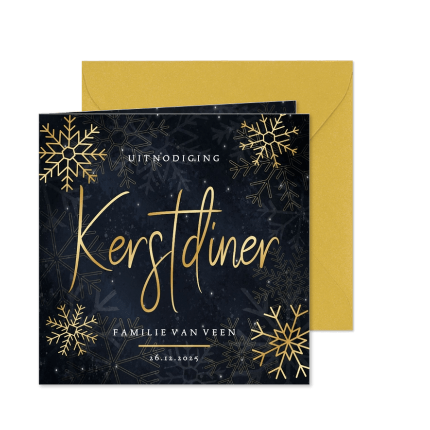 Stijlvolle kerstdiner uitnodiging gouden sneeuwvlokken - Kaartimpressie