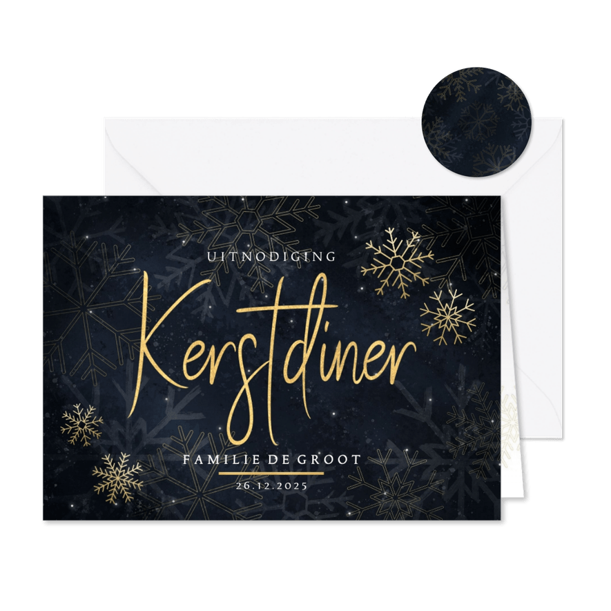 Stijlvolle kerstdiner uitnodiging met gouden sneeuwvlokken - Kaartimpressie