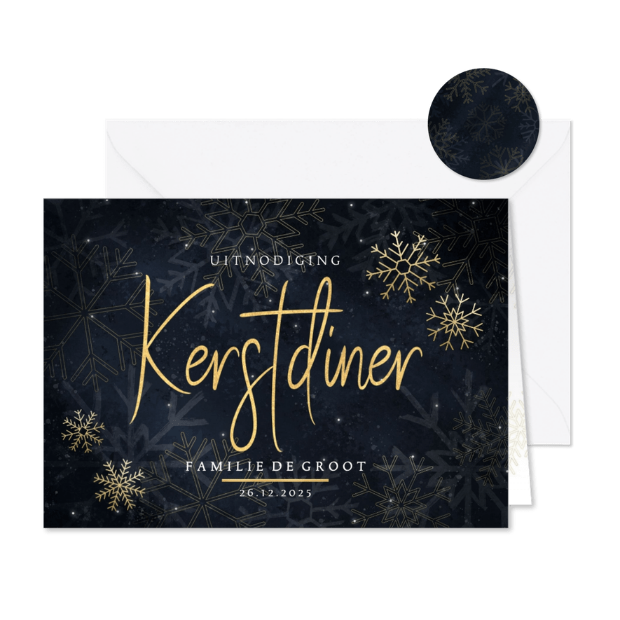Stijlvolle kerstdiner uitnodiging met gouden sneeuwvlokken - Kaartimpressie
