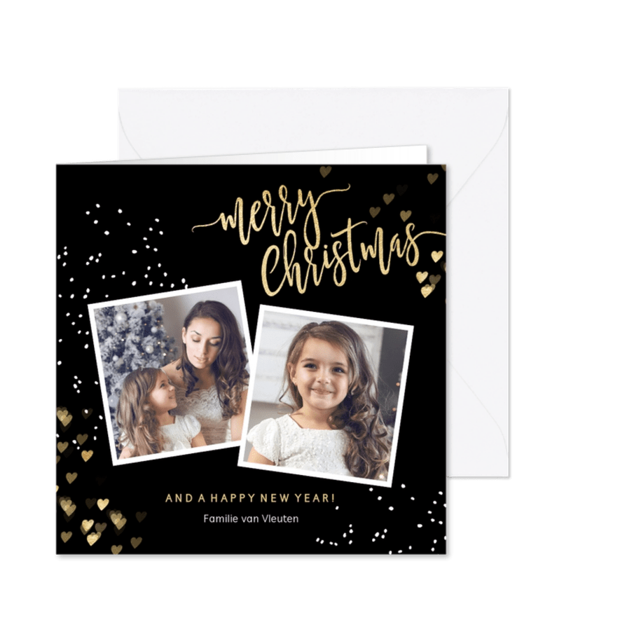 Stijlvolle kerstkaart 2 foto zwart goud hartjes - Kaartimpressie