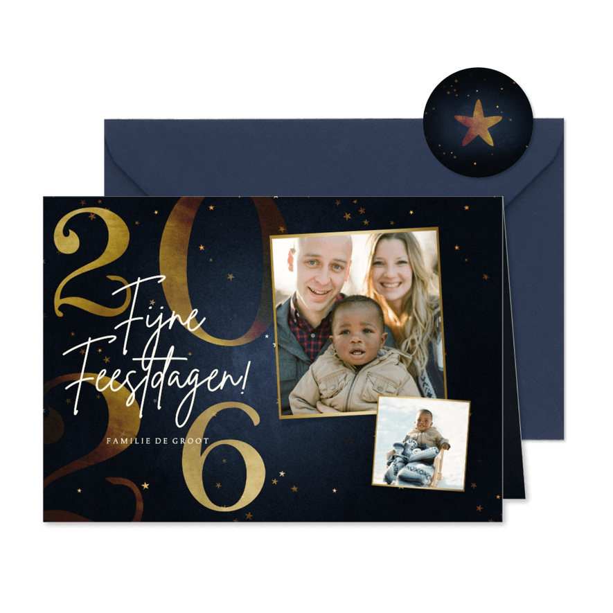 Stijlvolle kerstkaart 2026 goud 2 fotos fijne feestdagen - Kaartimpressie