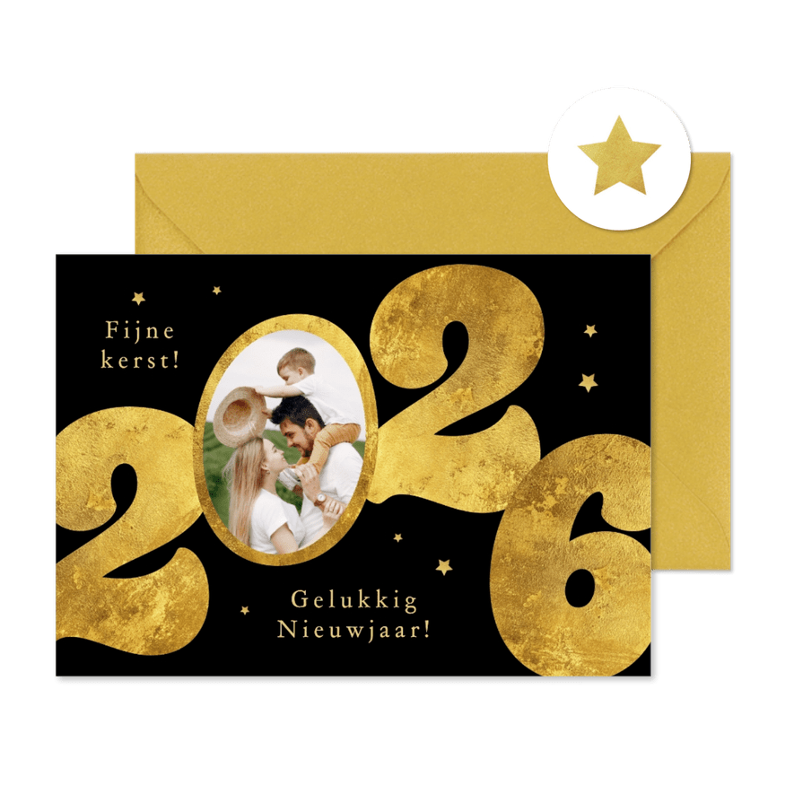 Stijlvolle kerstkaart 2026 goud sterren modern foto - Kaartimpressie