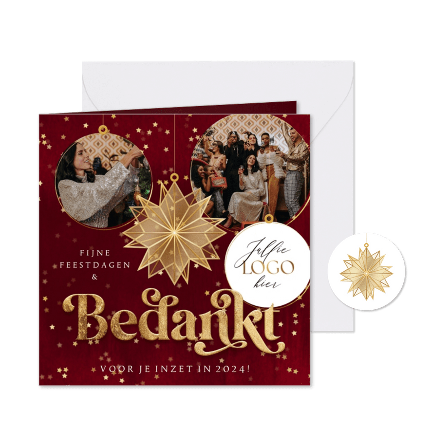 Stijlvolle kerstkaart 'Bedankt' medewerkers kerstster goud - Kaartimpressie