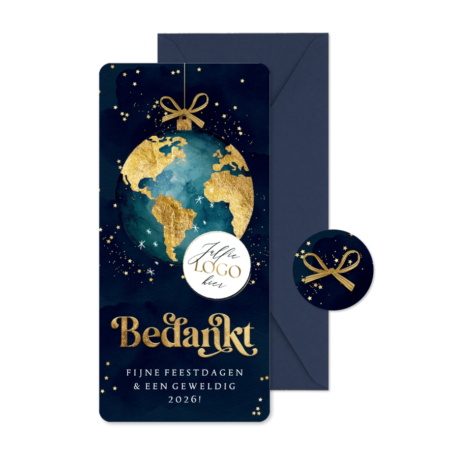 Stijlvolle kerstkaart bedankt wereldbol goud sterren - Kaartimpressie