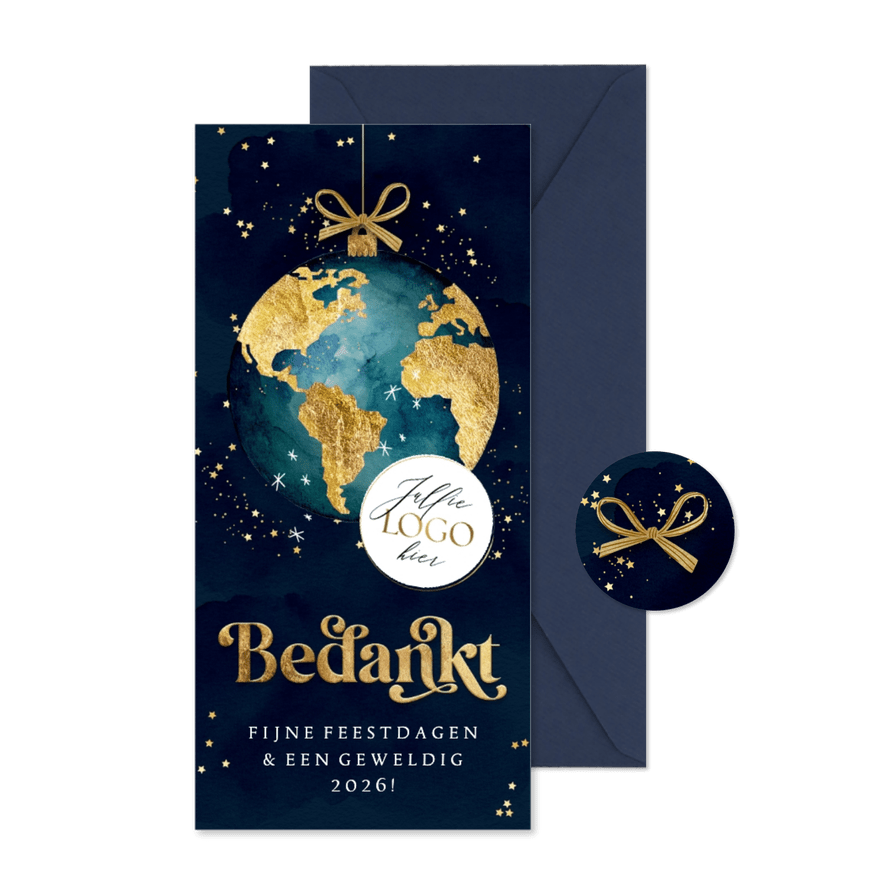 Stijlvolle kerstkaart bedankt wereldbol goud sterren - Kaartimpressie
