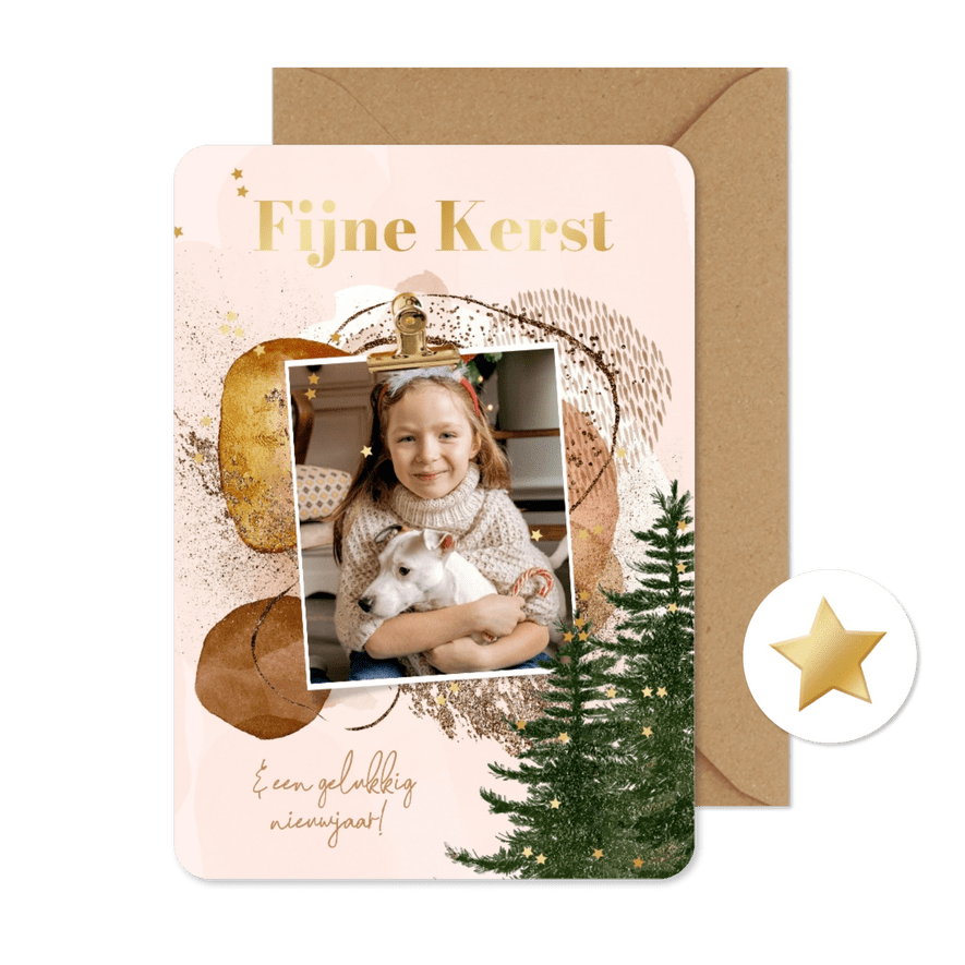 Stijlvolle kerstkaart boho watercolor goud kerstboom sterren - Kaartimpressie