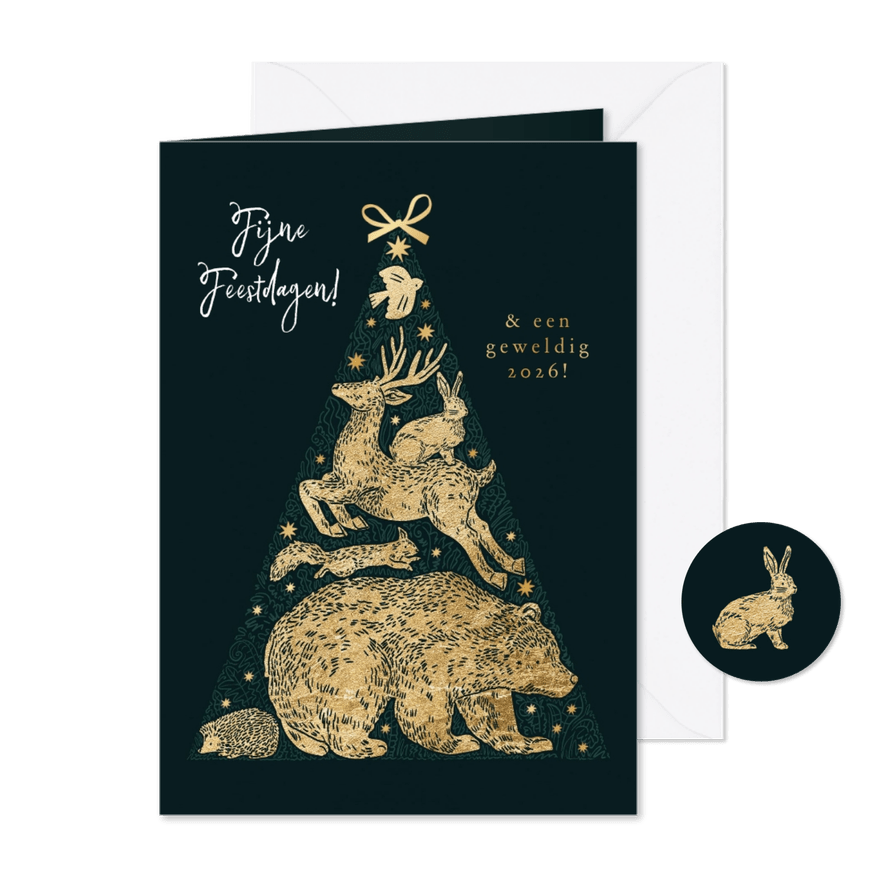 Stijlvolle kerstkaart bosdieren silhouet kerstboom goud - Kaartimpressie