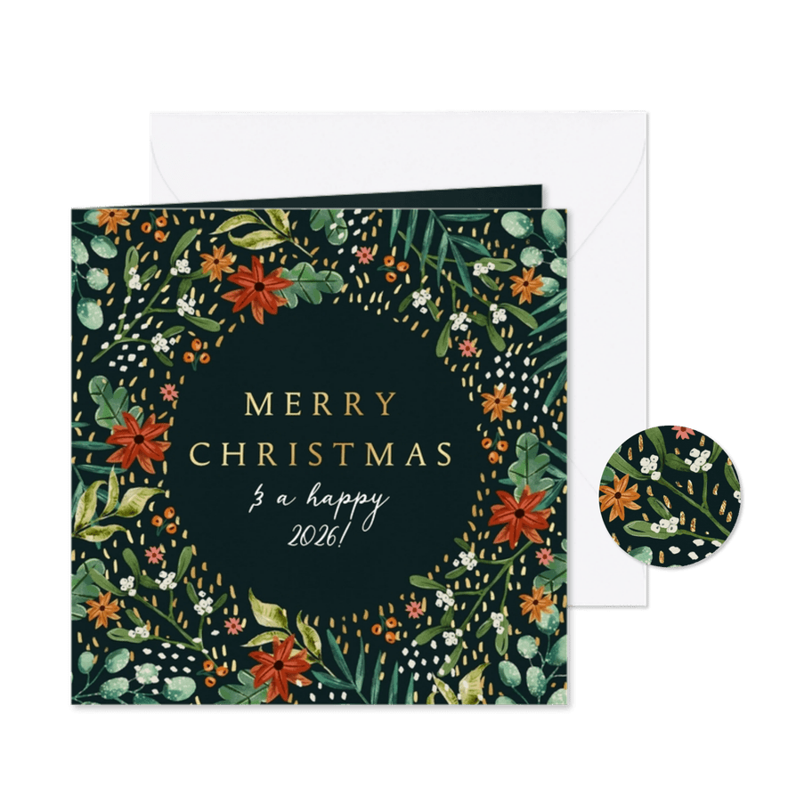 Stijlvolle kerstkaart botanisch bladeren bloemen goud - Kaartimpressie