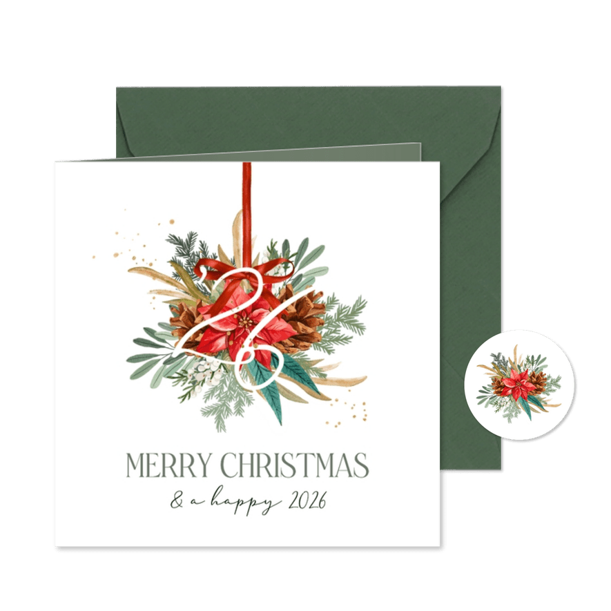 Stijlvolle kerstkaart botanische bladeren strik jaartal goud - Kaartimpressie