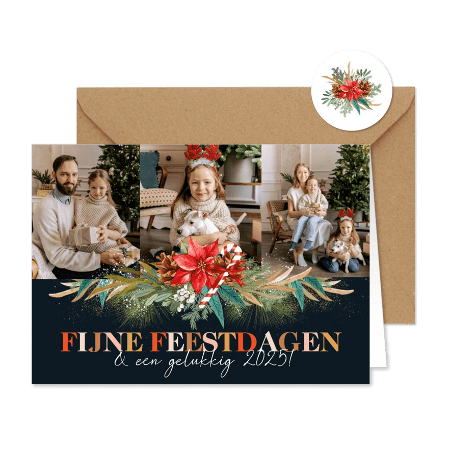 Stijlvolle kerstkaart botanische kersttakken collage sneeuw  - Kaartimpressie