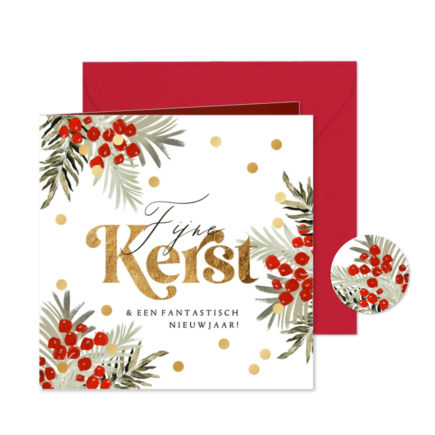 Stijlvolle kerstkaart botanische kersttakken stippen goud - Kaartimpressie
