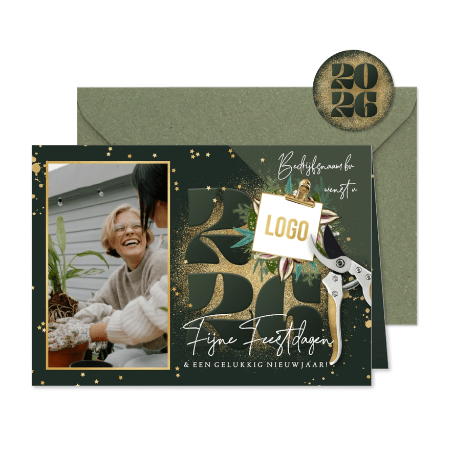 Stijlvolle kerstkaart botanische planten snoeischaar goud - Kaartimpressie