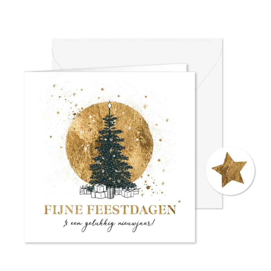 Stijlvolle kerstkaart cirkel goudlook kerstboom sterren - Kaartimpressie