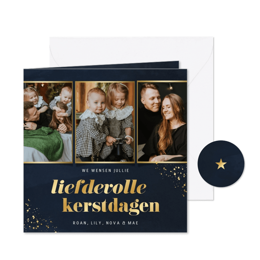 Stijlvolle kerstkaart donkerblauw fotocollage goud - Kaartimpressie