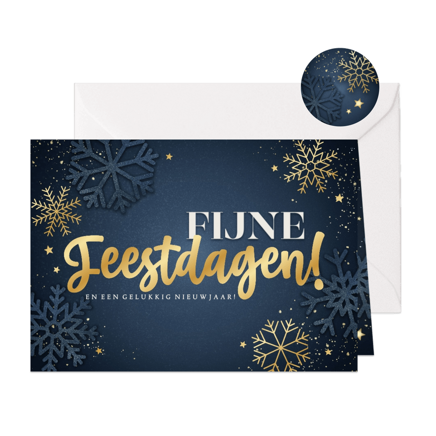 Stijlvolle kerstkaart Fijne Feestdagen sneeuwvlokken sterren - Kaartimpressie