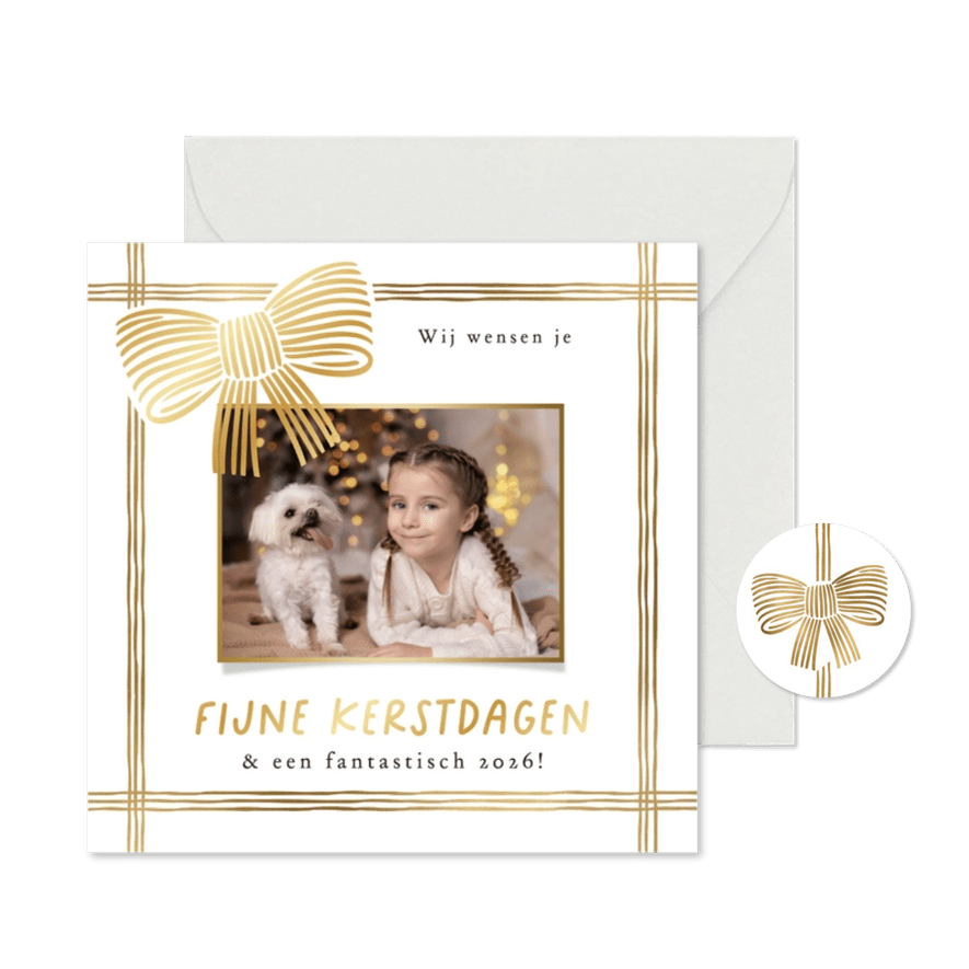 Stijlvolle kerstkaart foto lint strikken lijntekening goud - Kaartimpressie