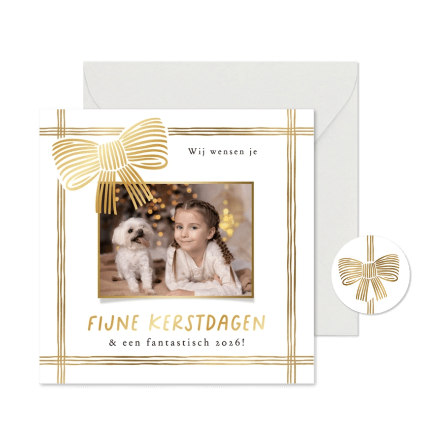 Stijlvolle kerstkaart foto lint strikken lijntekening goud - Kaartimpressie