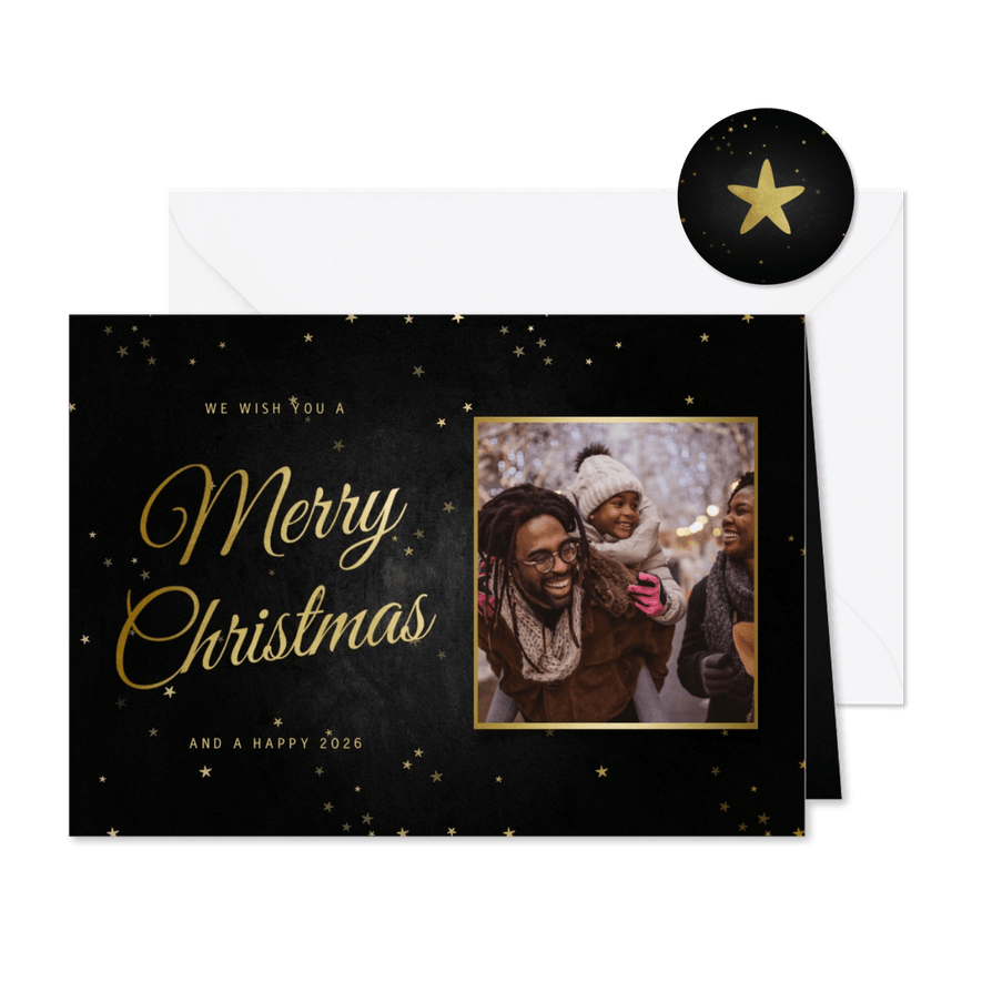 Stijlvolle kerstkaart foto 'Merry Christmas ' en sterretjes - Kaartimpressie