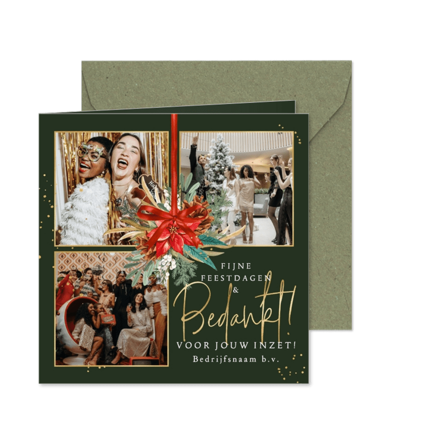 Stijlvolle kerstkaart fotocollage bedankt medewerkers strik - Kaartimpressie