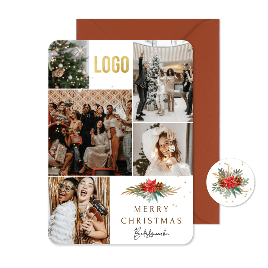 Stijlvolle kerstkaart fotocollage botanisch logo ster goud - Kaartimpressie