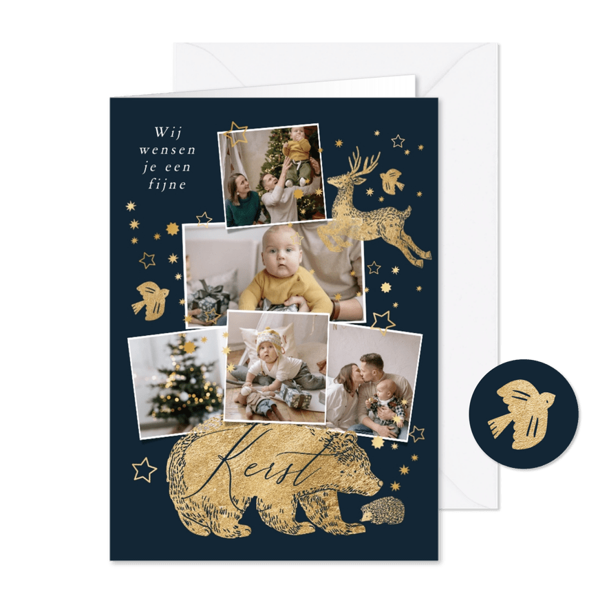 Stijlvolle kerstkaart fotocollage dieren sterren goud - Kaartimpressie
