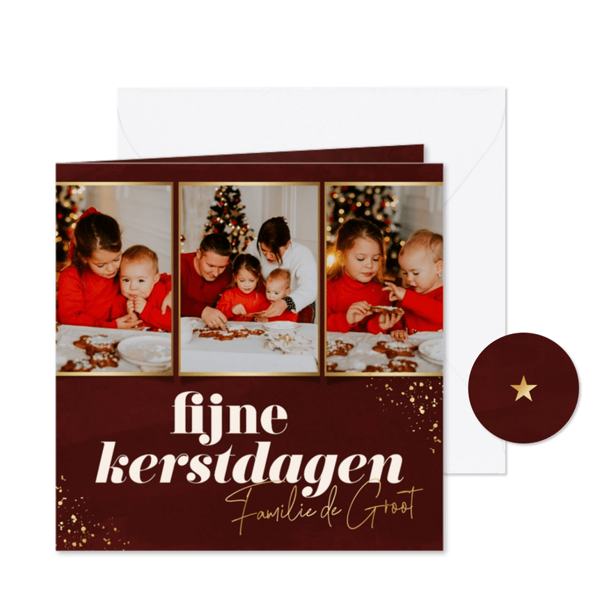 Stijlvolle kerstkaart fotocollage donkerrood koper - Kaartimpressie
