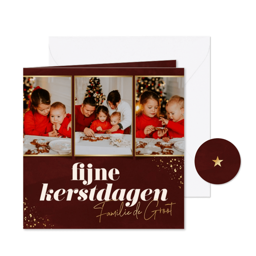 Stijlvolle kerstkaart fotocollage donkerrood koper - Kaartimpressie