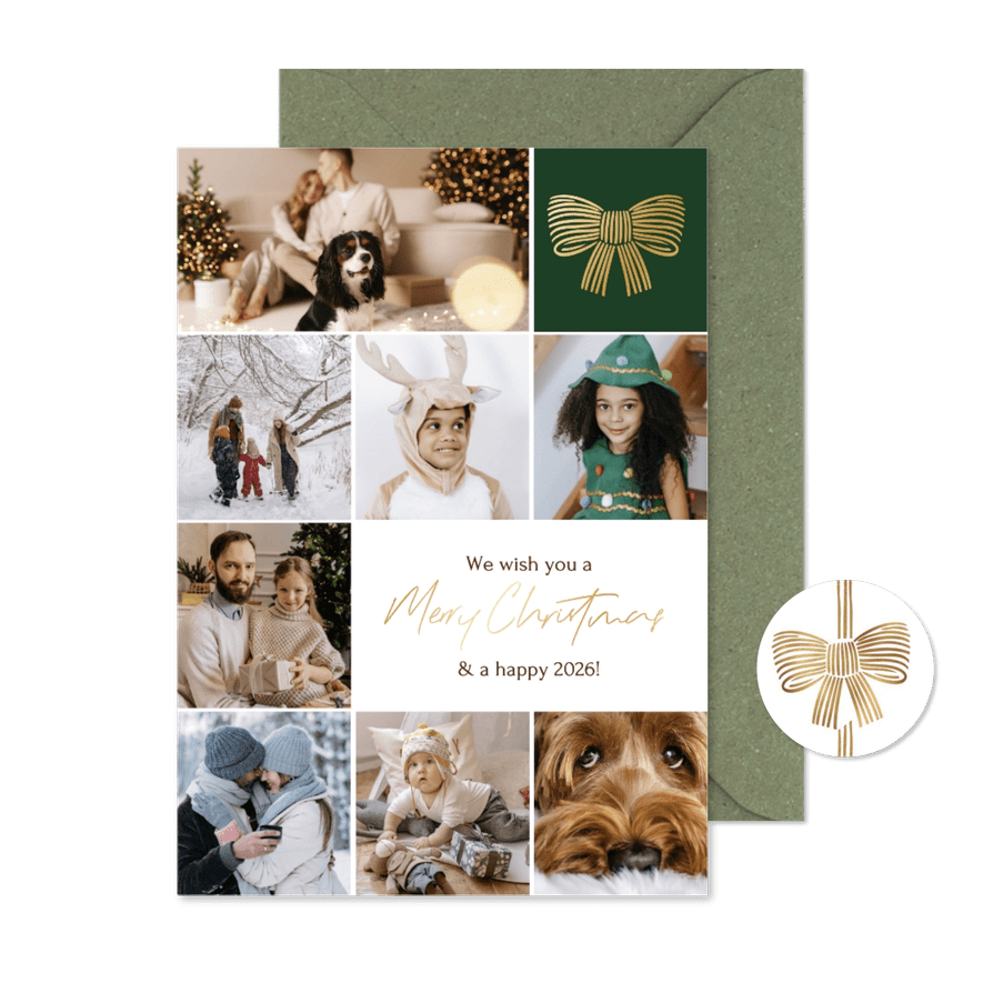 Stijlvolle kerstkaart fotocollage minimalistisch strik goud - Kaartimpressie