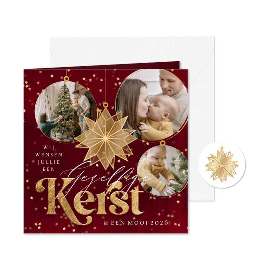 Stijlvolle kerstkaart 'Gezellige Kerst' fotocollage kerstbal - Kaartimpressie