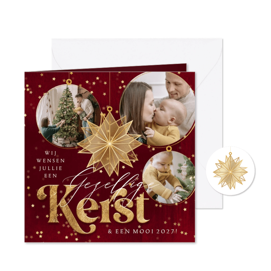 Stijlvolle kerstkaart 'Gezellige Kerst' fotocollage kerstbal - Kaartimpressie