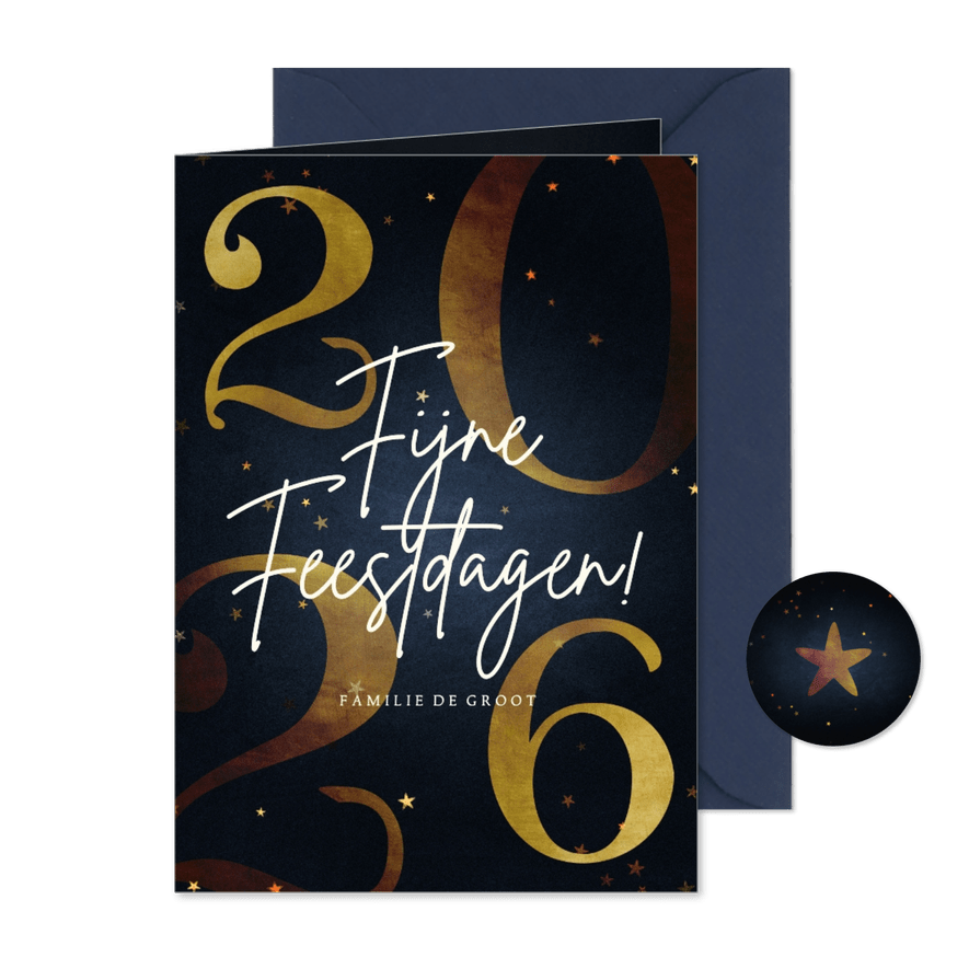 Stijlvolle kerstkaart gouden 2026 fijne feestdagen - Kaartimpressie