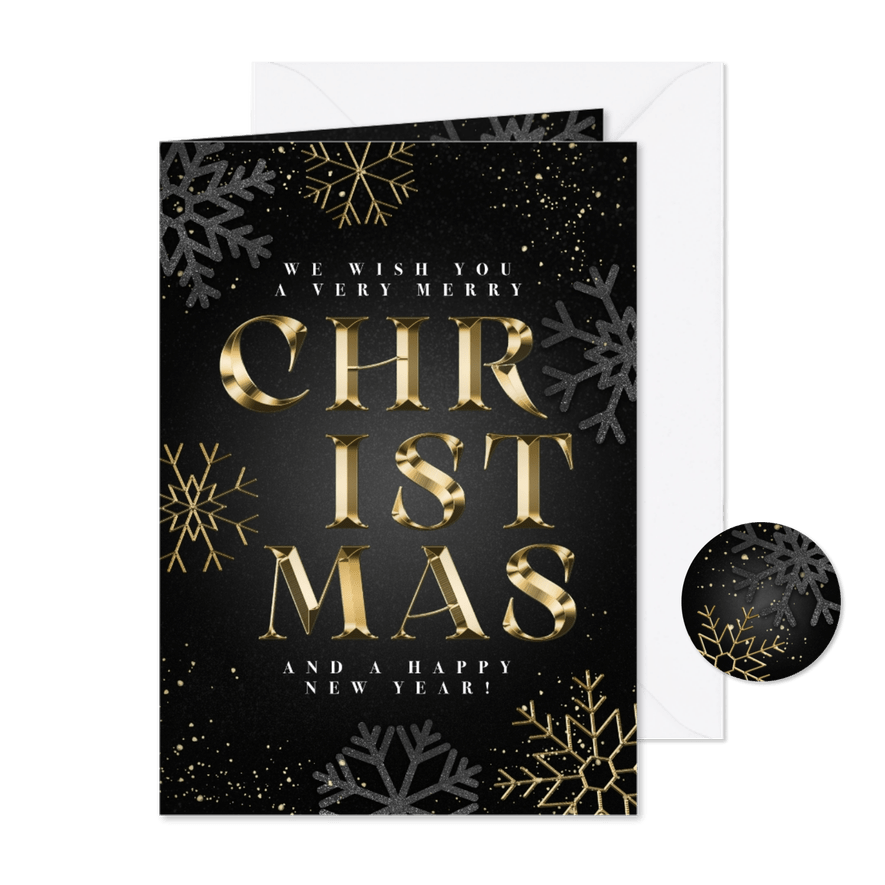 Stijlvolle kerstkaart gouden Merry Christmas & sneeuwvlokken - Kaartimpressie