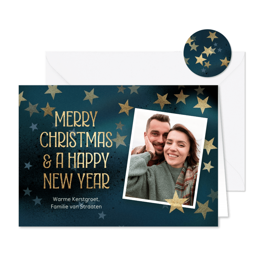 Stijlvolle kerstkaart gouden sterren en foto - Kaartimpressie