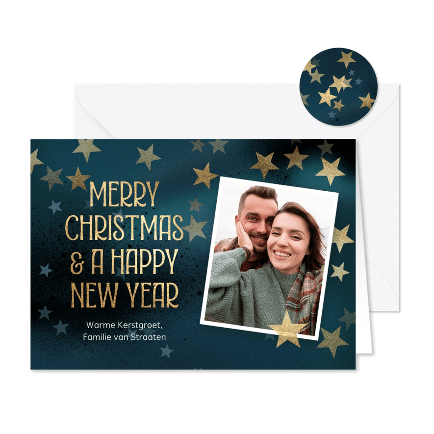 Stijlvolle kerstkaart gouden sterren en foto - Kaartimpressie