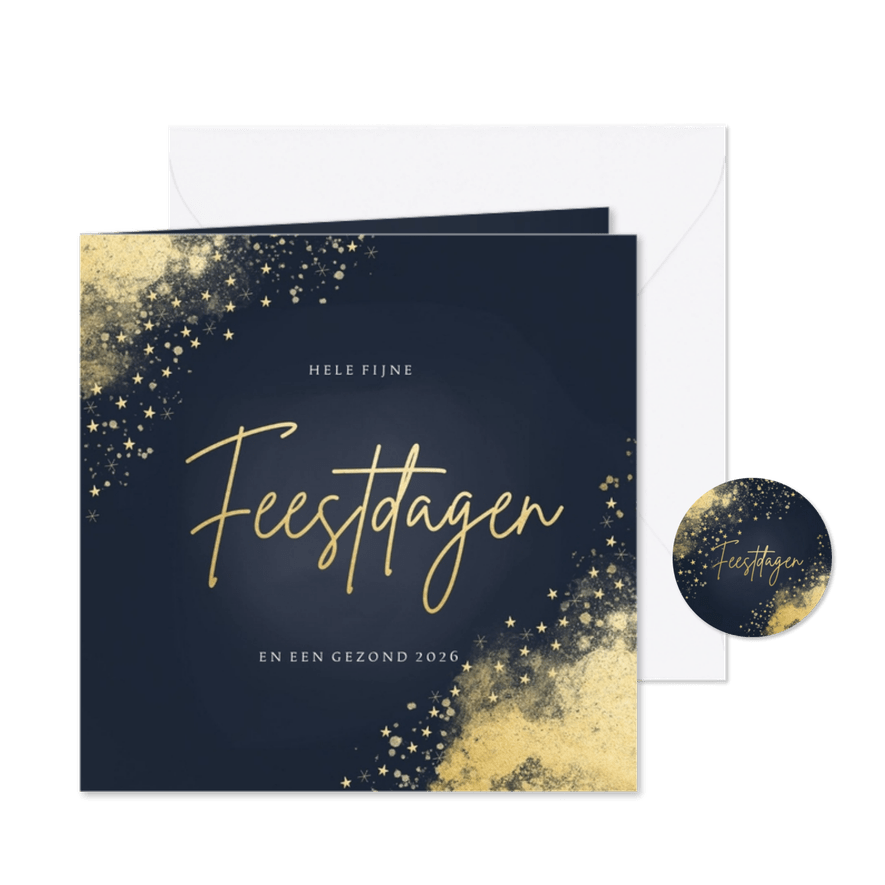 Stijlvolle kerstkaart gouden typo en sterren donkerblauw - Kaartimpressie