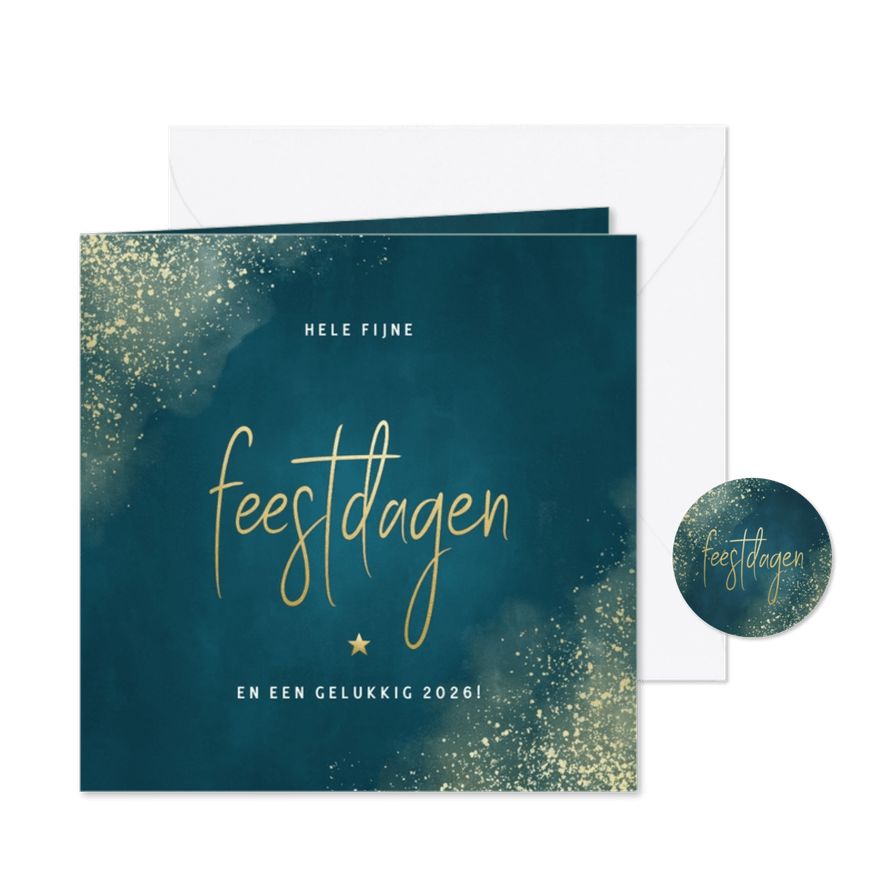 Stijlvolle kerstkaart gouden typografie, sneeuw en waterverf - Kaartimpressie